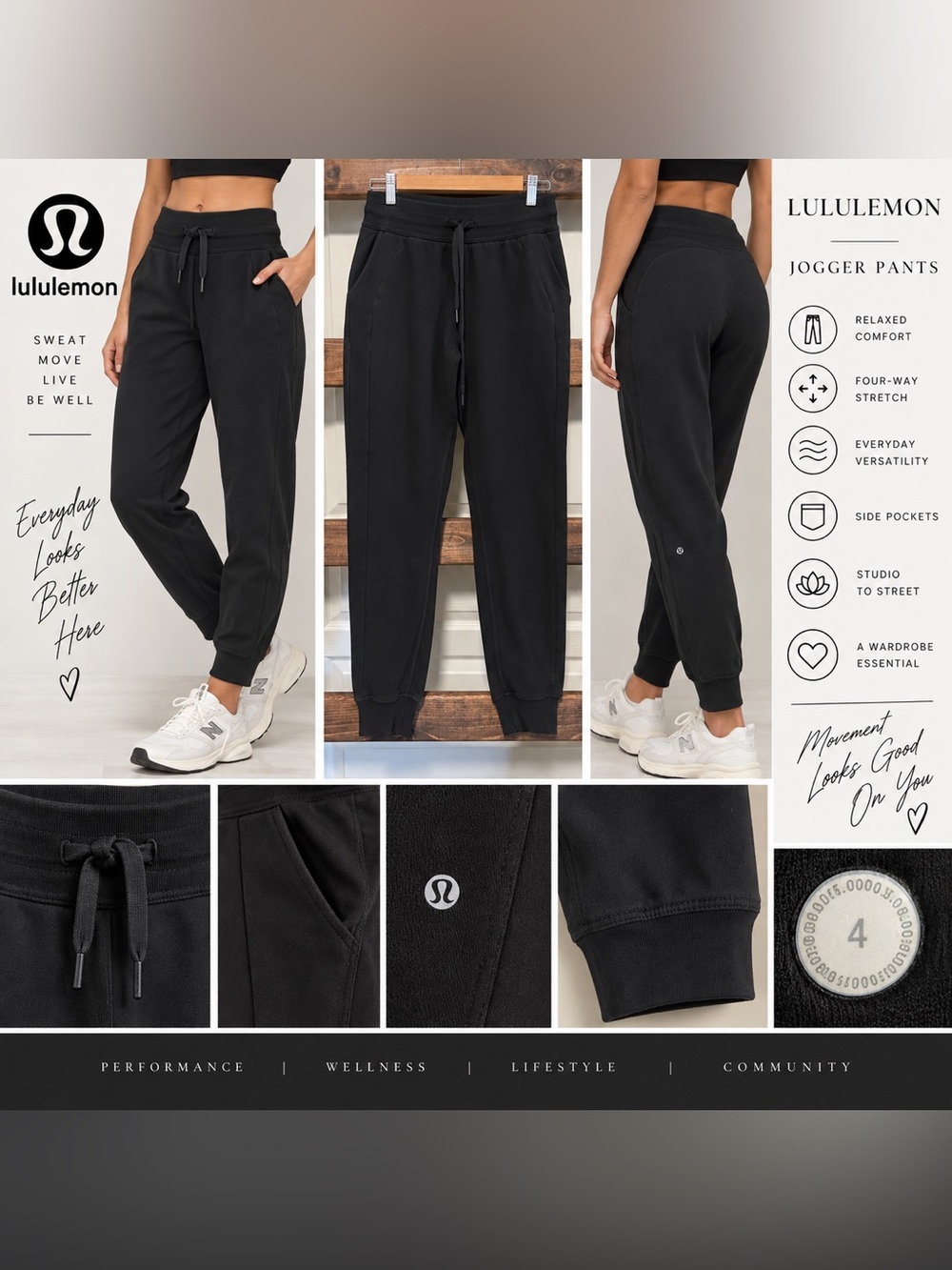 Lululemon Black Jogger Pants Drawstring Size 4